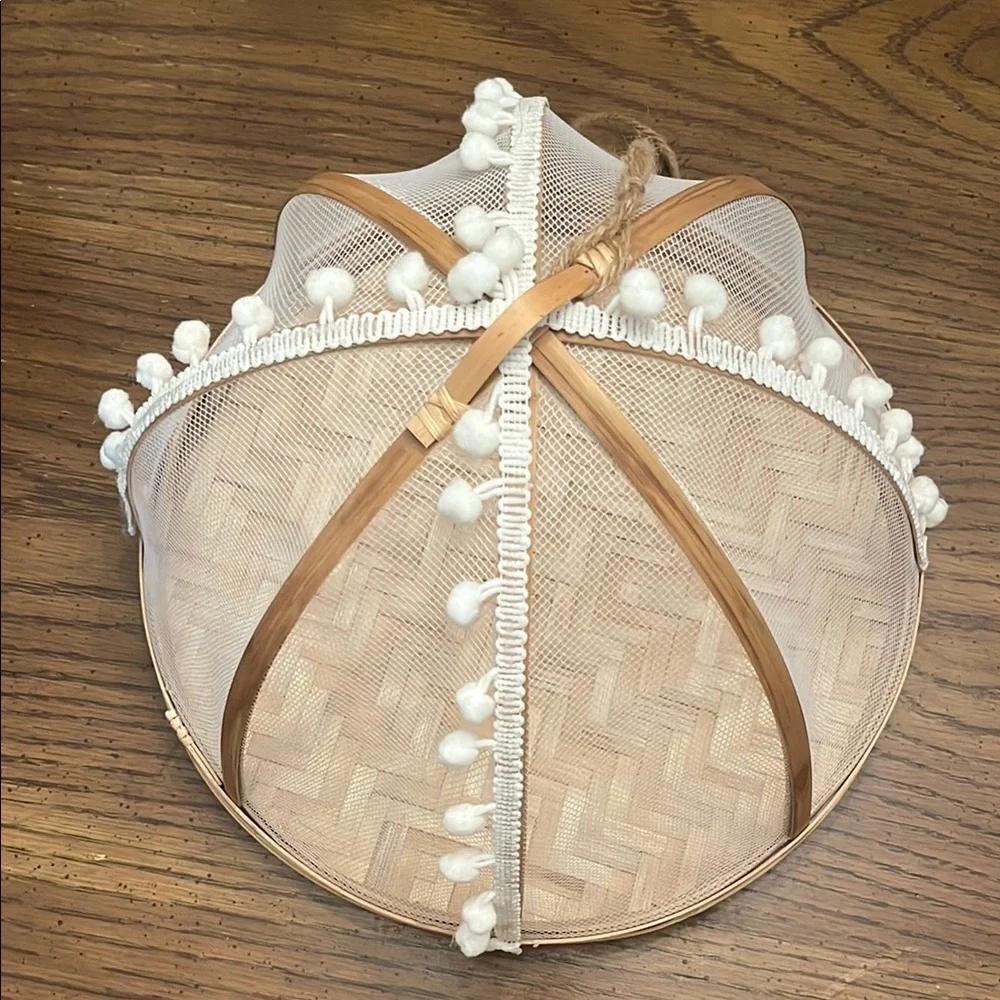 Bamboo‎ Food Covers with White Pom Poms